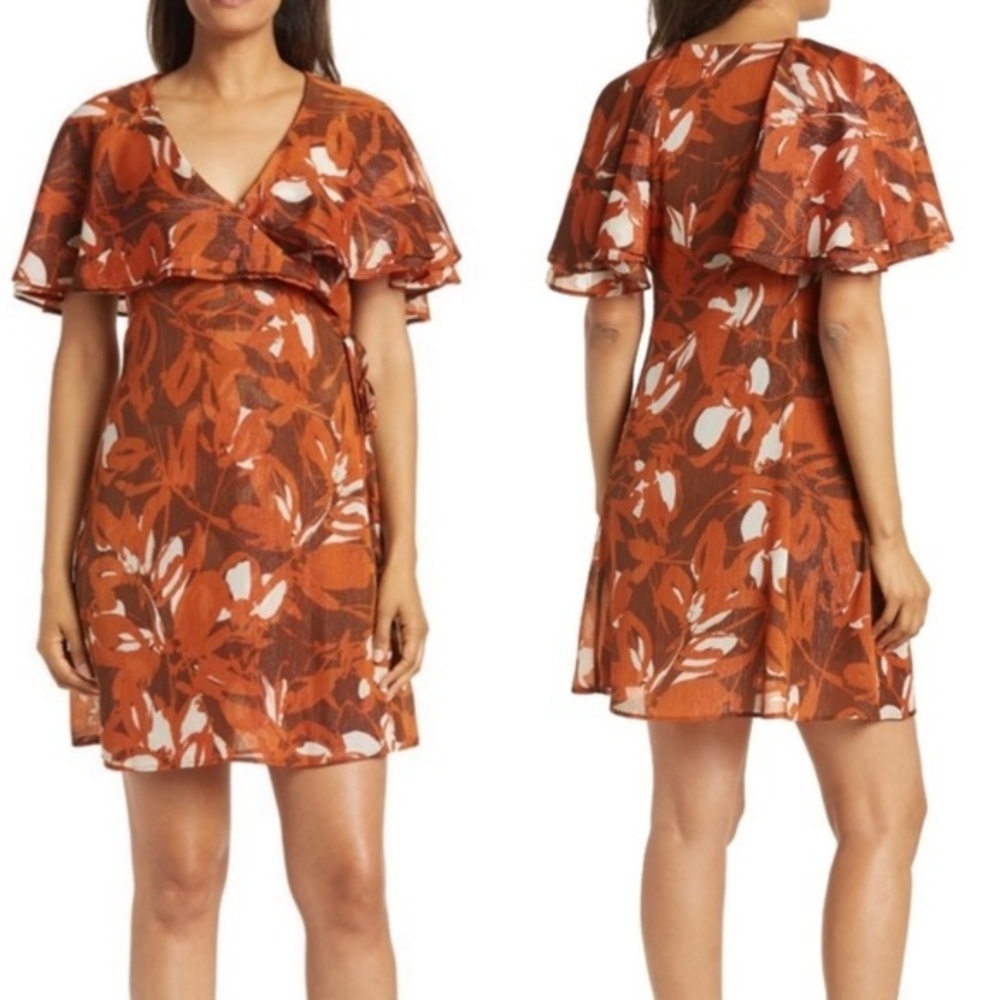 CALVIN KLEIN Flutter Sleeve Wrap Dress 'Earth Multi’ Size 8